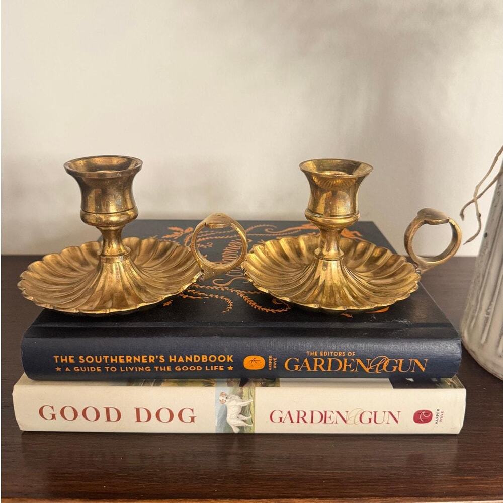 Vintage Pair Brass Scalloped Chamberstick Candleholders (2)